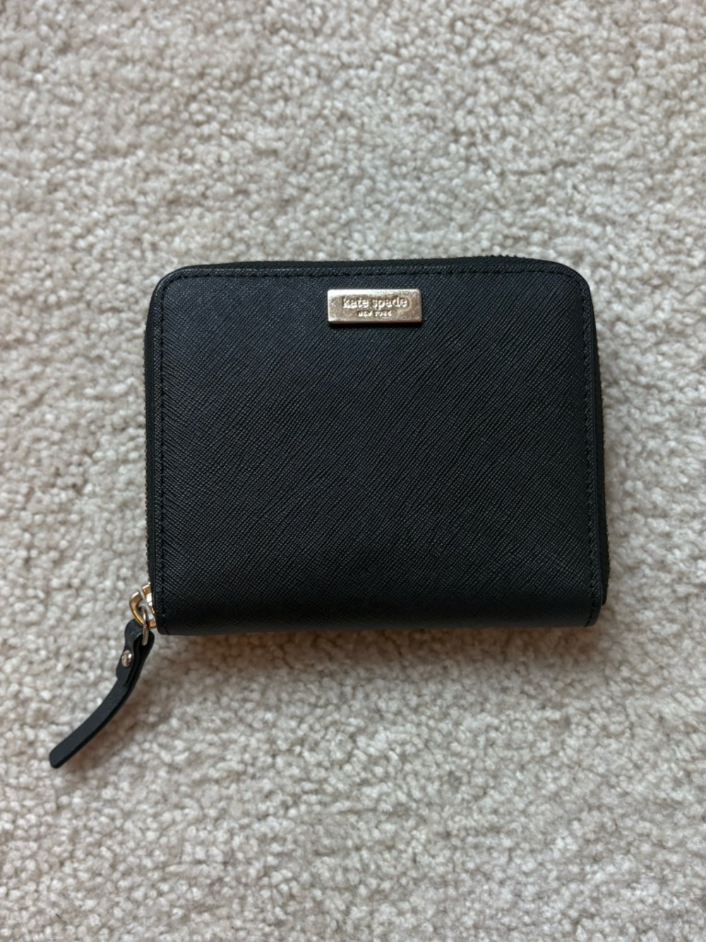 kate spade Black Zip Around Saffiano Leather Wallet with Gold Hardware